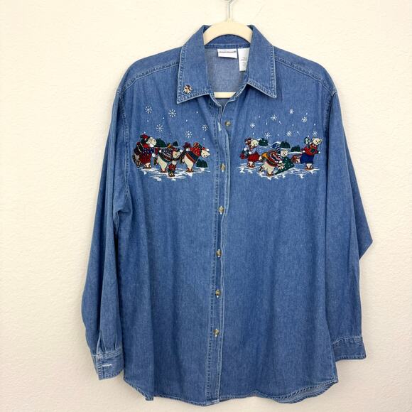 Bobbie Brooks Womens Vintage Button Down Shirt Size L Chambray Embroid Holiday - Picture 1 of 5